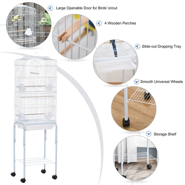 English Elm Pawhut Flight Cage for Small Birds with Rolling Stand and Storage Basket in White W2225P229593