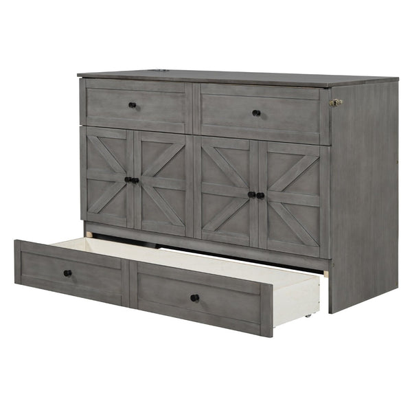 English Elm Queen Murphy Wall Bed with Usb Ports Storage Drawers and Cabinet Style Panel Front Gray N708S00006AAE