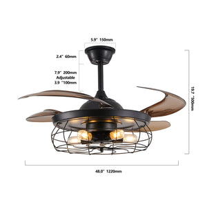 English Elm 48" Industrial Black Ceiling Fan Light with 4-Blade Cage, Remote, Silent DC Motor, Reversible Speed W2312P374994