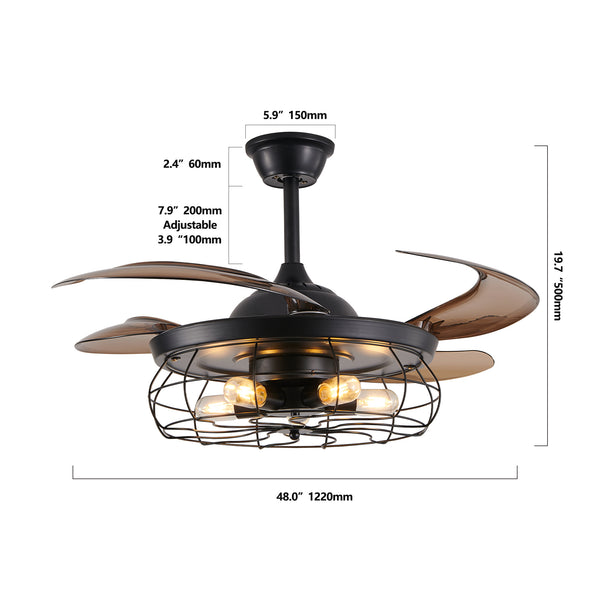 English Elm 48" Industrial Black Ceiling Fan Light with 4-Blade Cage, Remote, Silent DC Motor, Reversible Speed W2312P374994