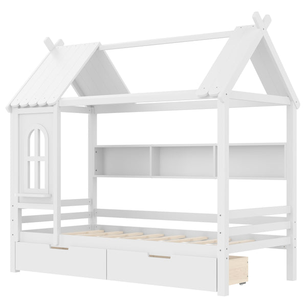 English Elm Twin House Platform Bed with Drawers & Shelves, Solid Wood Playhouse Frame for Kids, Cozy Design Light White W1580S00265