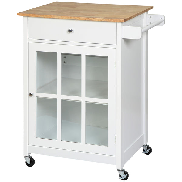 English Elm HOMCOM 27" Rolling Kitchen Island Cart with Rubber Wood Top, Drawer, Glass Door & Towel Rack W2225P217402