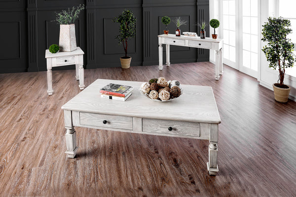 English Elm Transitional Bold Round End Table with I-Shaped Legs and Lower Shelf for Stylish Storage and Decor Antique White 29 L x 29 W x 9 H B2741P357493