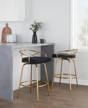 English Elm 26"/art Deco Tufted Velvet Swivel Counterstools with Gold Base for Kitchen Bar Set of 2 B202S02148