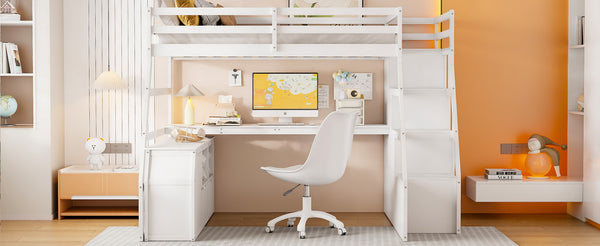 English Elm Full Size Kids Loft Bed with Integrated Desk Seven Drawers and Open Shelving White LT000649AAK-3