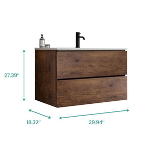 English Elm Alice Floating Bathroom Vanity Rosewood Finish Engineered Stone Basin Triple Drawer W1865S00235