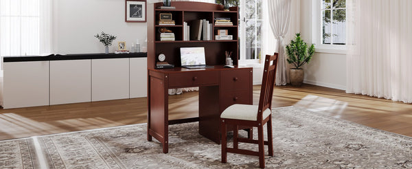 English Elm Vintage 40'' Home Executive Desk Set with Upholstered Chair and Built-In Bookshelf for Stylish Productivity Espresso 44 L x 23 W x 13.5 H N733P272894P