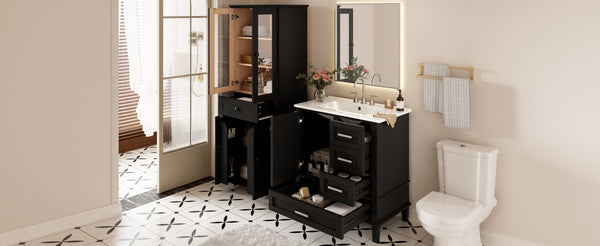 English Elm 67.57" Tall Matte Cabinet Vanity Combo with Glass Doors Soft-close Drawers Sink Black N729P000033B