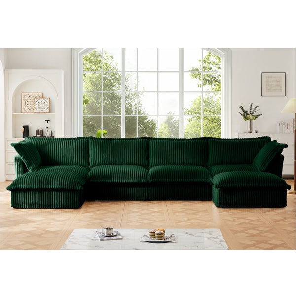 English Elm Slipcovered U-Shape Sectional Sofa - Cozy Cloud Couch With Removable Green Corduroy Covers & Big Pillows For Ultimate Comfort W3041S00086-GIGA