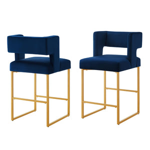 English Elm Modern Velvet Counter Stools Set of Two with Gold Iron Frame and Square Open Back Navy W2186P171944