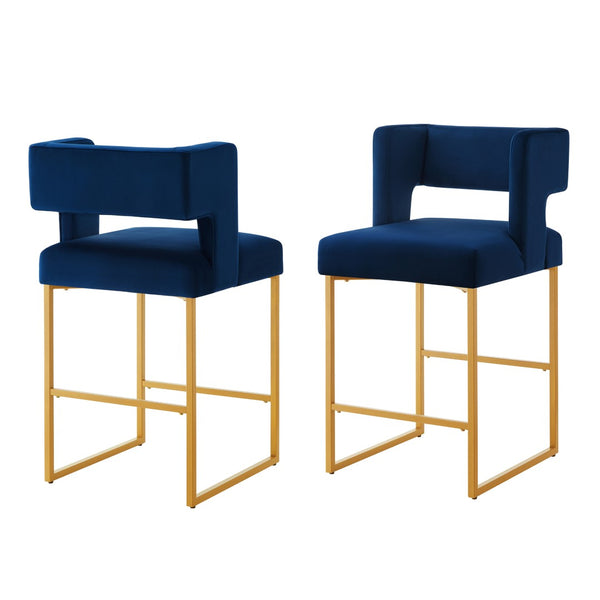 English Elm Modern Velvet Counter Stools Set of Two with Gold Iron Frame and Square Open Back Navy W2186P171944