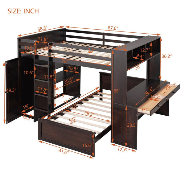 English Elm Full Twin Loft Bed with Desk Wardrobe and Shelving Kids Bedroom Espresso Wood LT000821AAP