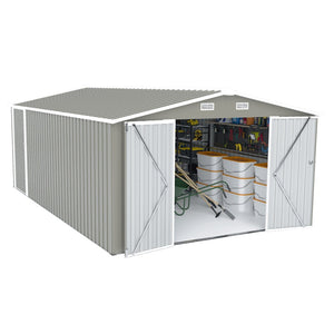 English Elm Campcraft Galvanized Steel Outdoor Storage Shed with Lockable Doors and Four Air Vents Light Gray W1598S00023