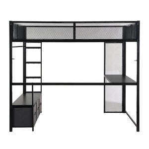 English Elm Full Metal Gaming Loft Bed with LED Lighting, Built-In Desk, Open Wardrobe and 3 Drawers for Space-Saving Comfort Black GX001133AAB
