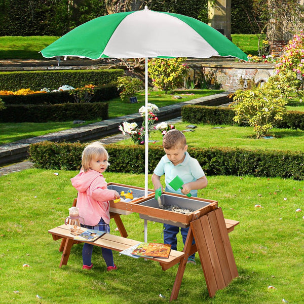 English Elm Outsunny Solid Fir Wood Kids Picnic Table with Shade Umbrella and Sand Basin W2225P217336