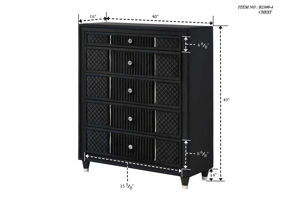 English Elm Contemporary Black Velvet Five Drawer Chest with Crystal Knobs for Glam Bedrooms B2741P457641
