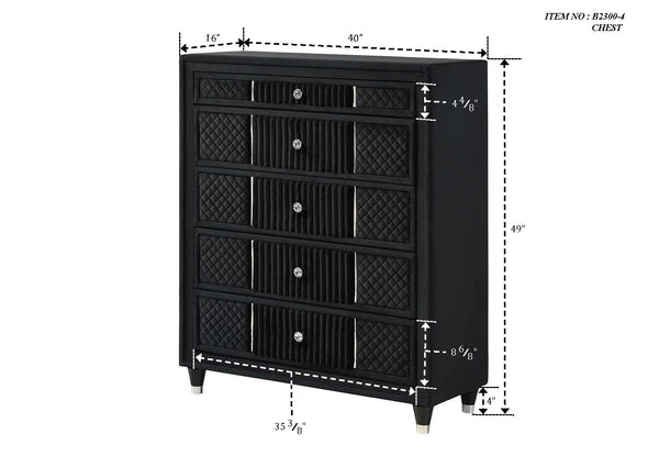 English Elm Contemporary Black Velvet Five Drawer Chest with Crystal Knobs for Glam Bedrooms B2741P457641