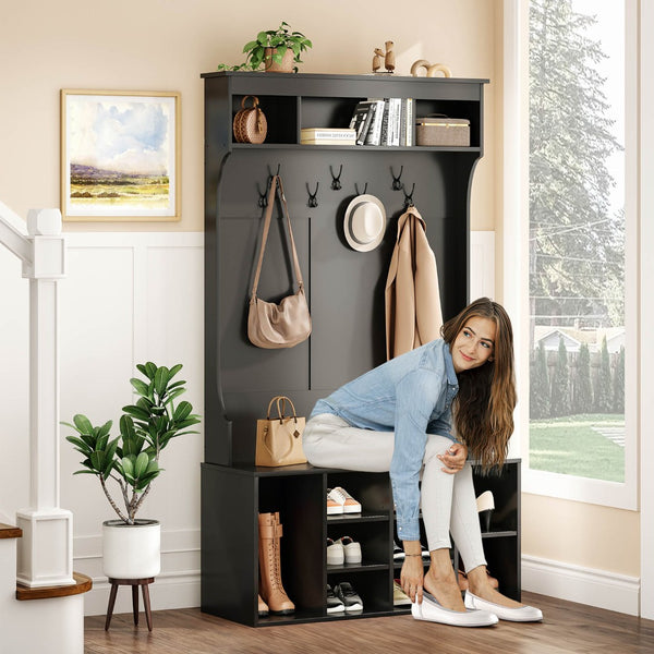 English Elm 70.9 Inch Freestanding Hall Tree with Bench Shoe Cubbies and 7 Hooks for Entryway Black T3623P434557