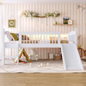 English Elm Twin Low Loft Bed Solid Pine Frame with Built-in Led Lighting and Storage Shelves Light White W1580P395928