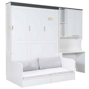English Elm Multi-functional Queen Murphy Bed with Sofa Desk and Cabinet White Wood Frame N7090000606K-1