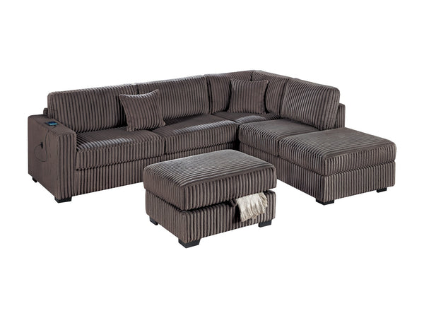 English Elm Chocolate Fur-Like Corduroy U-Shaped Sectional Sofa with Console Cup Holders and Hidden Storage Recline Chocolate 34 L x 26 W x 46 H B011S01773