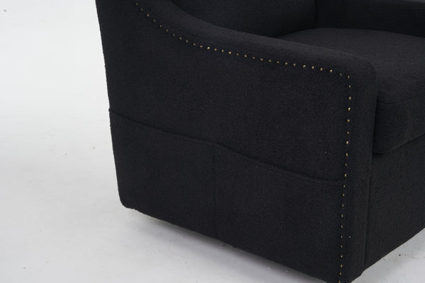 English Elm 011-Teddy Plush Swivel Accent Chair with High Back, Rivet Trim, 360° Rotation, Storage & Pockets Black W527P190836