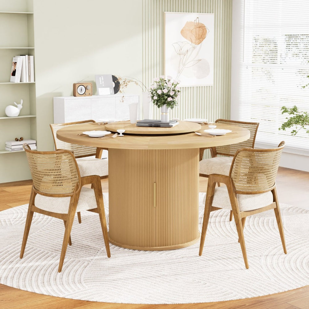 English Elm 55-inch Round Wood Dining Table Seats Six with Turntable Tray and Tiered Storage W1162P357242