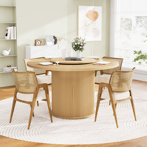 English Elm 55-inch Round Wood Dining Table Seats Six with Turntable Tray and Tiered Storage W1162P357242