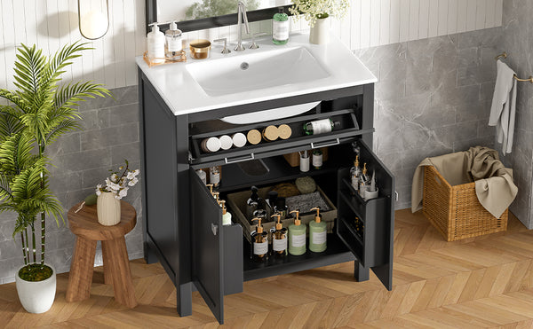 English Elm 30" Modern Bathroom Vanity with Ceramic Sink and Soft-Close Doors, Solid Wood MDF Build, Sleek Handles Black N729P263155B