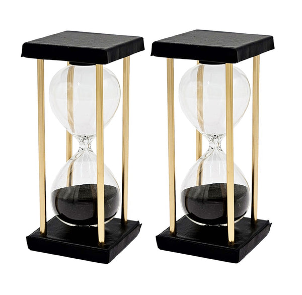 English Elm Set Of 2 Elegant 15-Minute Hourglasses With Metal Stand, Black Sand Timer For Home Décor & More W2078P279011-GIGA