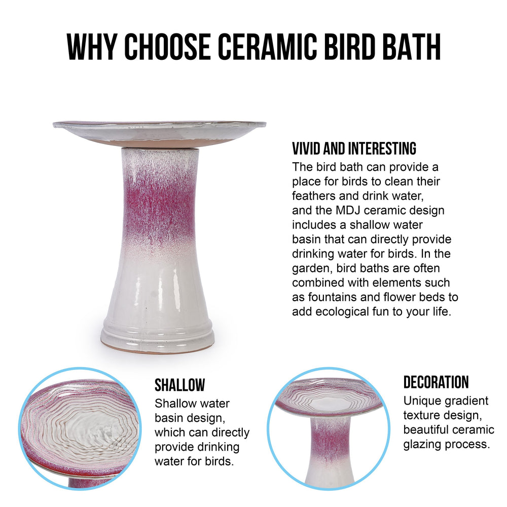 English Elm 17'' Hand-Glazed Ceramic Bird Bath Pedestal with Swirl Pattern, Durable Lightweight Outdoor Sculpture White+Pink W3273P322556
