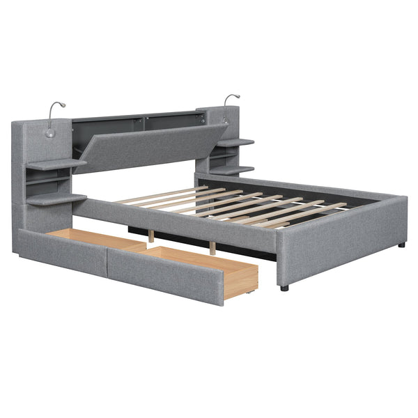 English Elm Queen Linen Upholstered Platform Bed with Storage Drawers, Trundle, Flip-Up Headboard & Lights Gray SF000187AAE