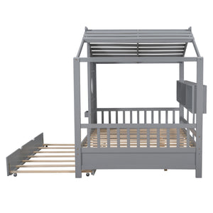 English Elm Wooden Full Size House Bed with Trundle and Built-In Shelves — Modern Pine Frame, Whimsical Roof Design Gray 57.2 L x 16.25 W x 5.9 H N733S316125E