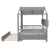 English Elm Wooden Full Size House Bed With Trundle, Modern Design For Kids With Storage Shlef, Gray