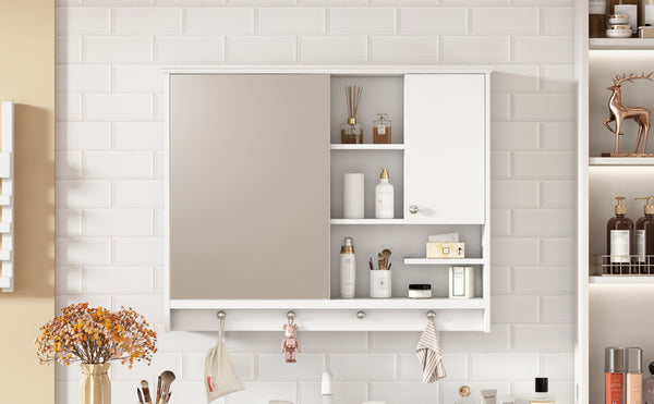 English Elm 36 Inch Wall Mounted Medicine Cabinet with HD Mirror, Adjustable Shelves, Towel Hooks, Modern Style White N710P254924K