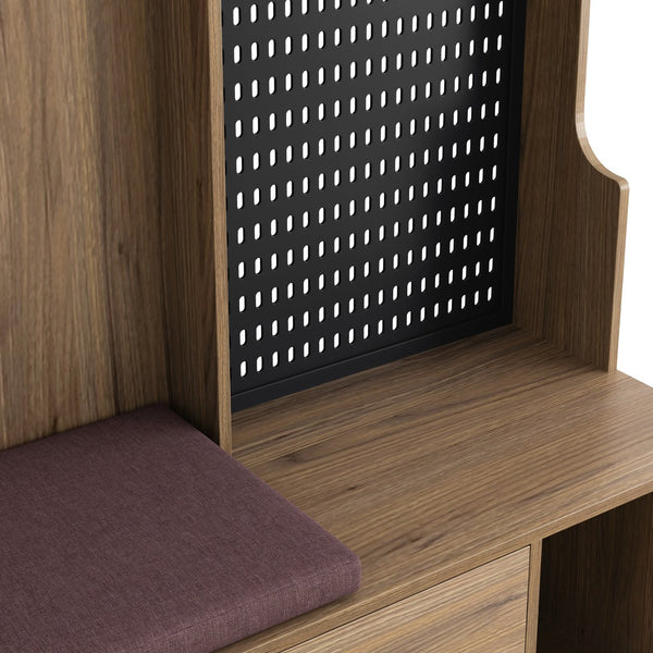 English Elm Multi-purpose Hallway Hall Tree with Linen Cushion Bench, Pegboard, Hooks, Drawers & Shoe Storage Brown W757P196819