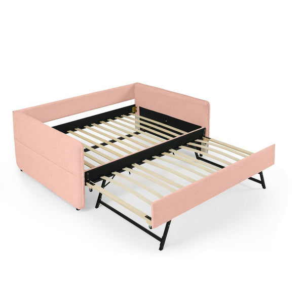 English Elm Full Size Boucle Daybed with Pop up Trundle Tufted Upholstered Sofa Sleeping Pink W1413S00175