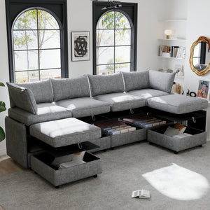 English Elm Modular Sectional Sofa with Under Seat Storage Converts to Sleeper for Living Room Grey W680S00130