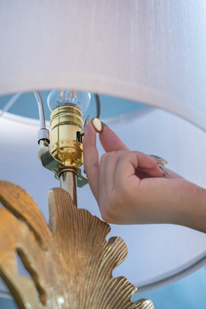 English Elm D13x22.2" Gold and White Table Lamp with Marble Pedestal and Leaf Silhouette, White Drum Shade W2078P360487