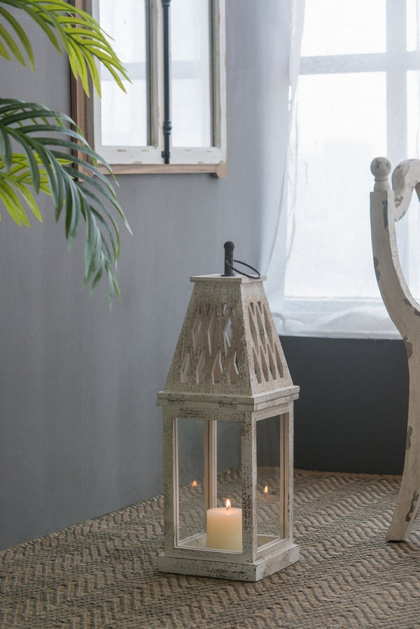 English Elm Set of 2 French Country Fir Wood Lanterns with Carved Lattice Tops Weathered White Finish W2078P495672