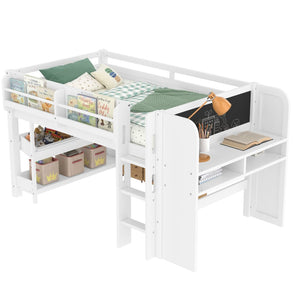 English Elm Twin Low Loft Bed Solid Pine Frame Kids Study Desk Blackboard Storage White W1580S00297