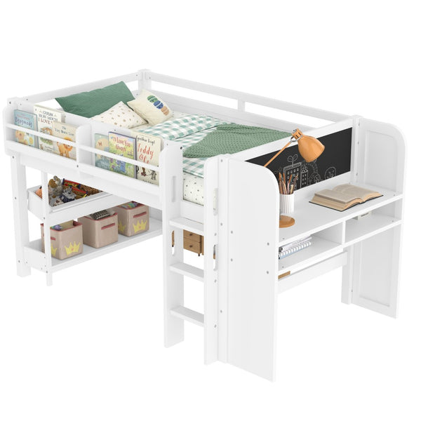 English Elm Twin Low Loft Bed Solid Pine Frame Kids Study Desk Blackboard Storage White W1580S00297