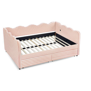English Elm Full Size Gingham Linen Daybed with Wave Backrest Trundle and Usb Charging Port Pink W1413S00146