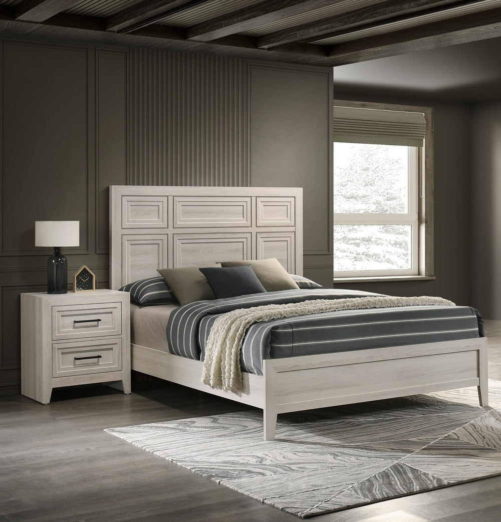 English Elm 3pc King Panel Bed Set Recessed Wood Frame Two Nightstands Antique White Bedroom B2741S00942