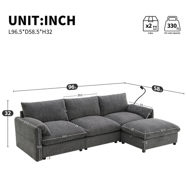 English Elm [video]96.5'' Chenille L-shaped Sectional with Usb Charging Ottoman Pockets Living Room N723S8776E