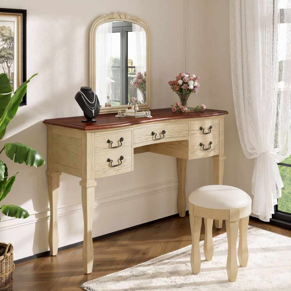 English Elm 46" Vintage Dressing Table Floral Carved Mirror 5 Drawers Stool Bedroom Vanity N704P381405K