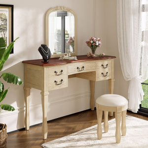 English Elm 46" Vintage Dressing Table Floral Carved Mirror 5 Drawers Stool Bedroom Vanity N704P381405K