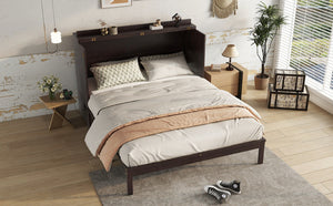 English Elm Queen Size Murphy Bed – Elegant Pine Wood Cabinet With Power Station & Rattan Accents, Espresso Finish W504S00235-GIGA