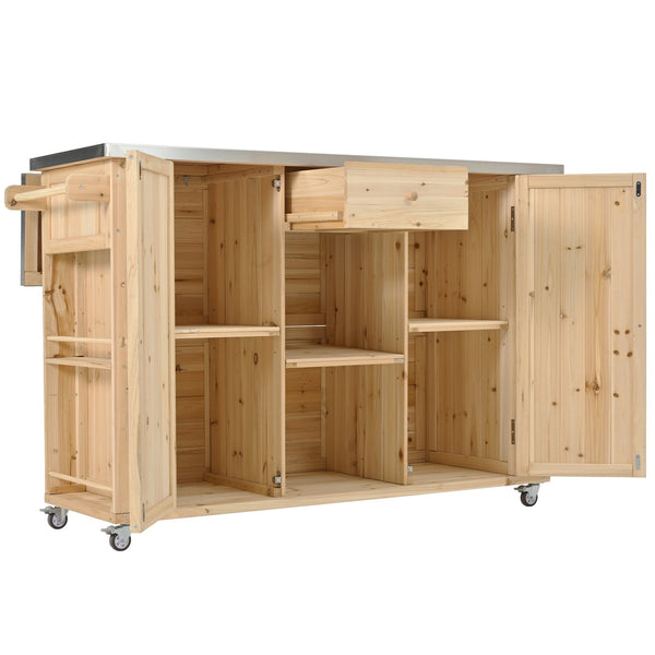 English Elm Outdoor Kitchen Island Solid Fir Wood with Foldable Stainless Top, Ample Storage, Wheels, Opener Natural Wood N719P246553Y