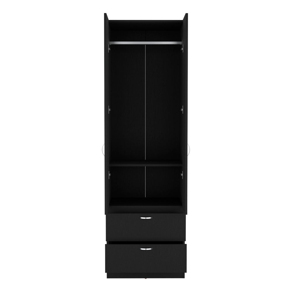 English Elm Armoire Black 76.8" H Tall Closet with Hanging Rod, Smooth-Glide 2 Drawers, Shelf, Sleek Modern Finish B097P199751